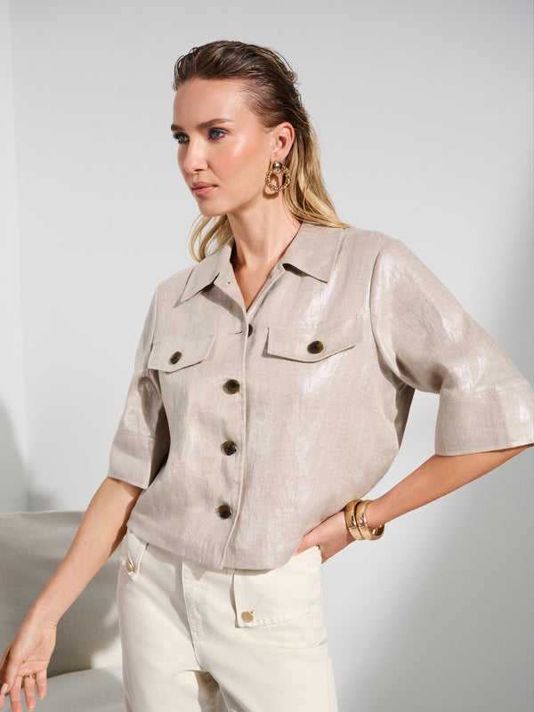 Joseph Ribkoff Foiled Linen Blend Short Sleeve Boxy Jacket