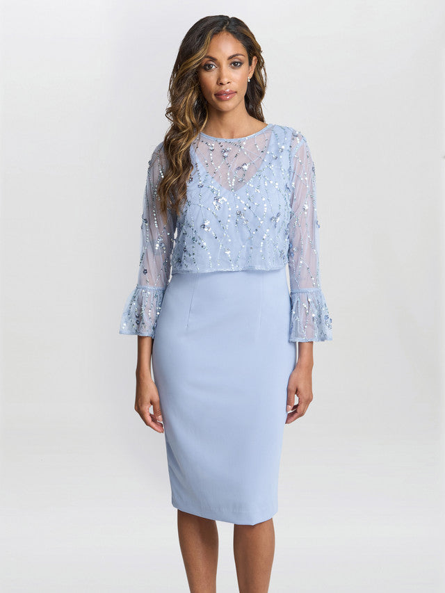 Pippa Beaded Jacket With Fluted 3/4 Sleeve And Crepe Shift Dress Gina Bacconi Pippa Beaded Jacket With Fluted 3/4 Sleeve And Crepe Shift Dress Gina Bacconi