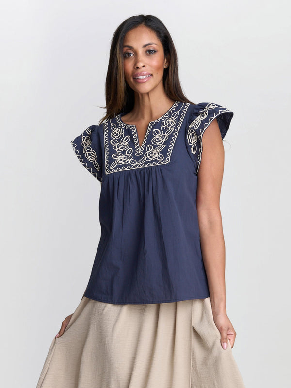 Cressa Embroidered Cotton Flutter Sleeve Top