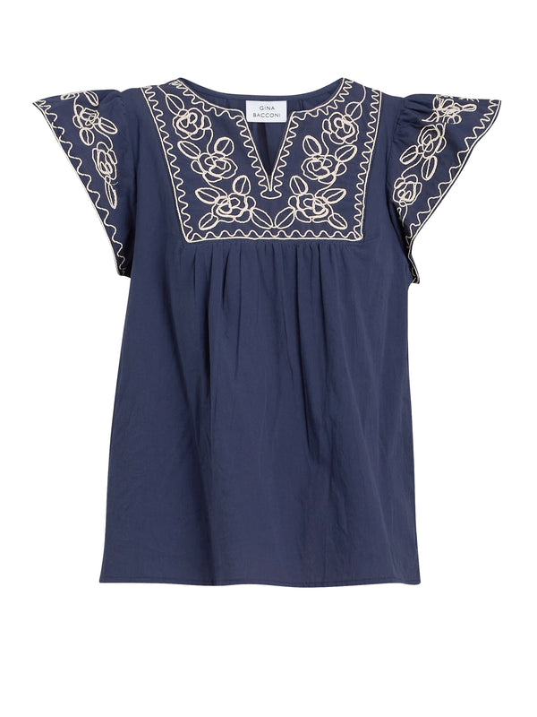 Cressa Embroidered Cotton Flutter Sleeve Top