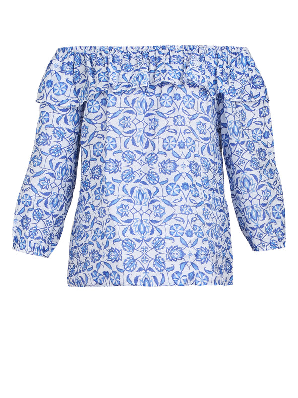 Emme Blue Floral Off The Shoulder Top With Frill