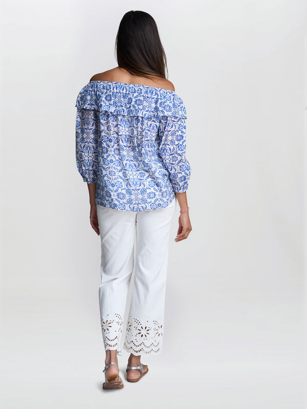Emme Blue Floral Off The Shoulder Top With Frill