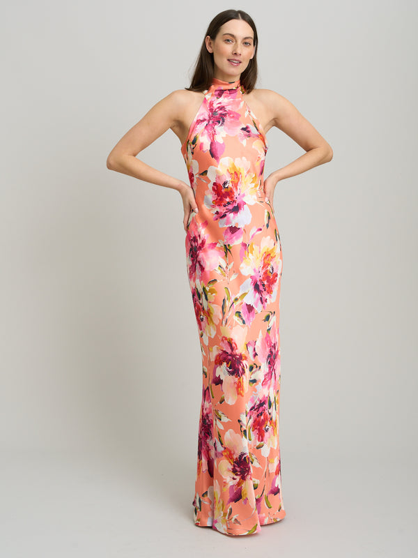 Margo Satin Floral Print Tie Neck Dress