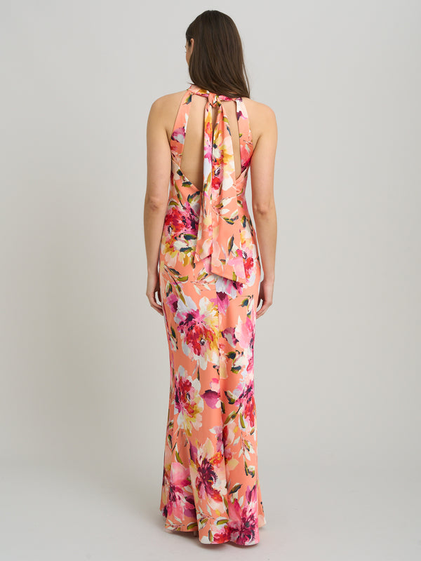 Margo Satin Floral Print Tie Neck Dress