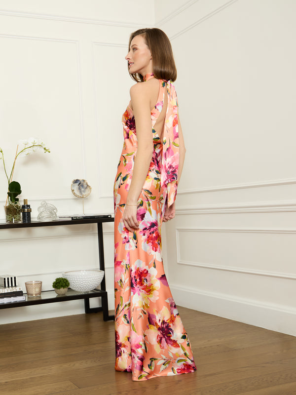 Margo Satin Floral Print Tie Neck Dress