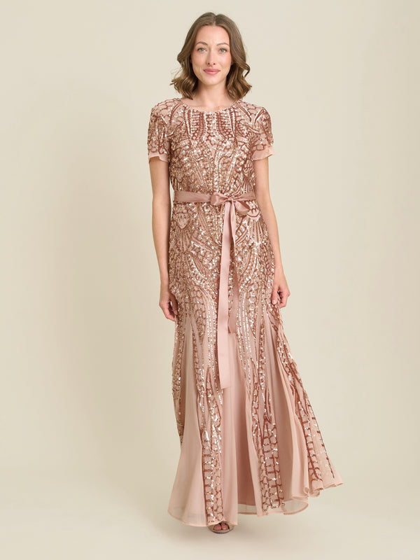 Monique Embroidered Sequin Godet Maxi Dress