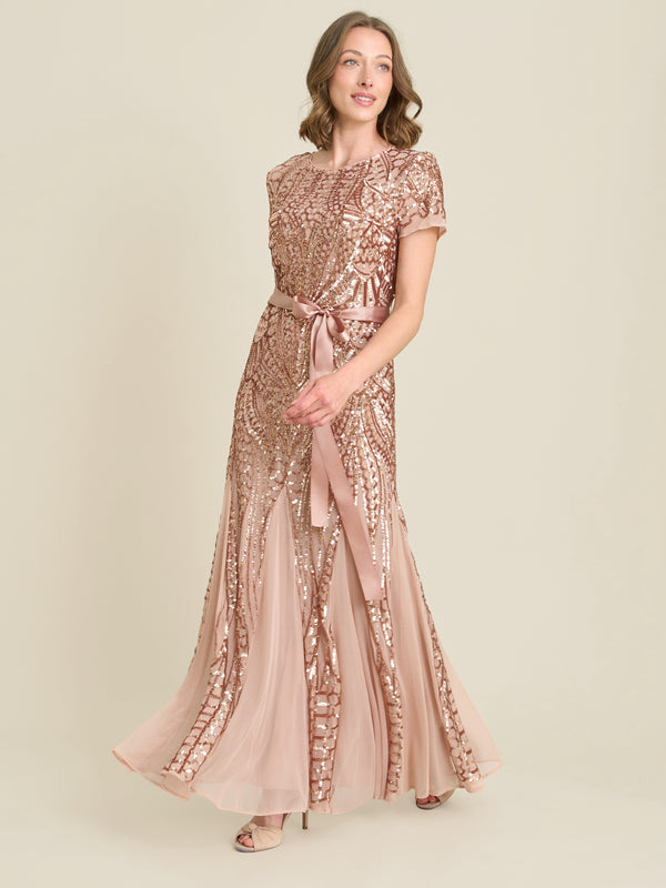 Monique Embroidered Sequin Godet Maxi Dress