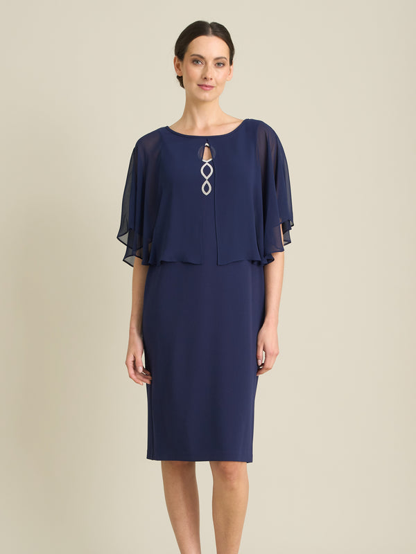 Diamante Trim Chiffon Cape Dress