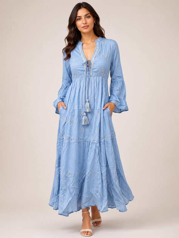 Blue Embroidered Maxi Dress