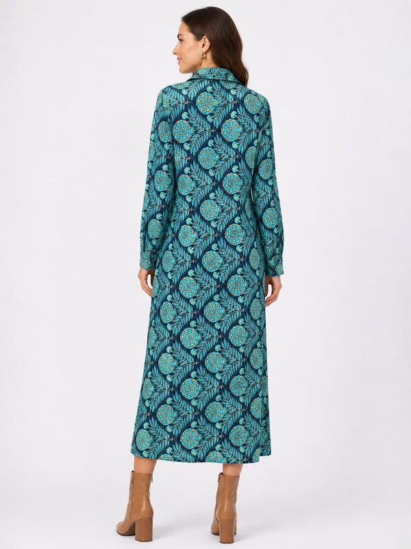 Teal & Gold Print Midi Shirt Dress