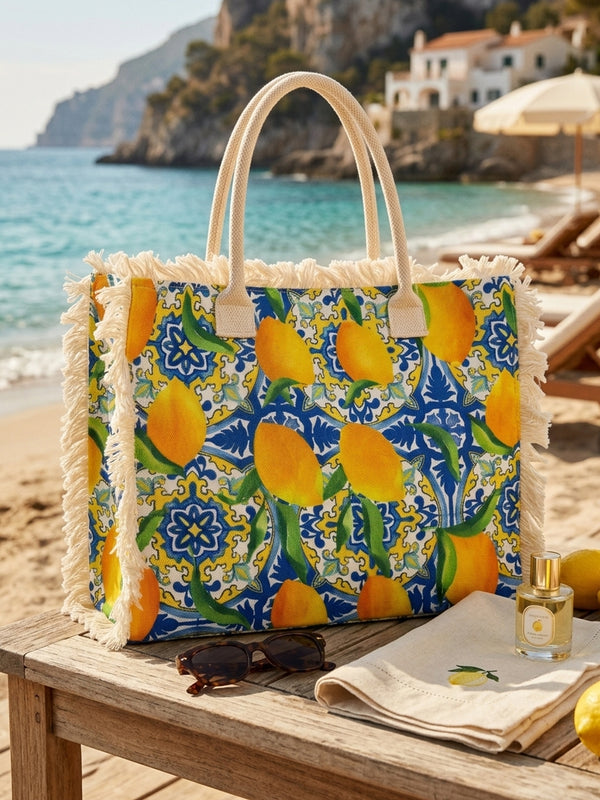 Lemon Print Fringe Tote Bag