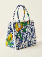 Blue & White Lemon Print Fringe Tote