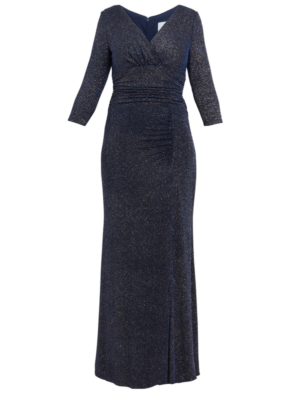 Eugenie Metallic Maxi Dress With Ruched Waist And Front Slit