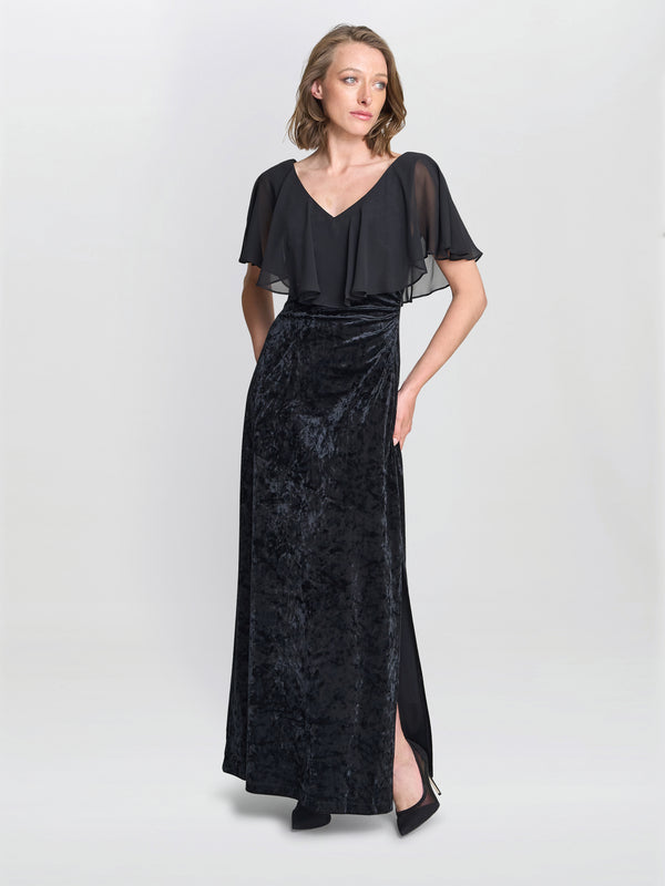 Daphne Velvet Maxi Dress With Chiffon Cape