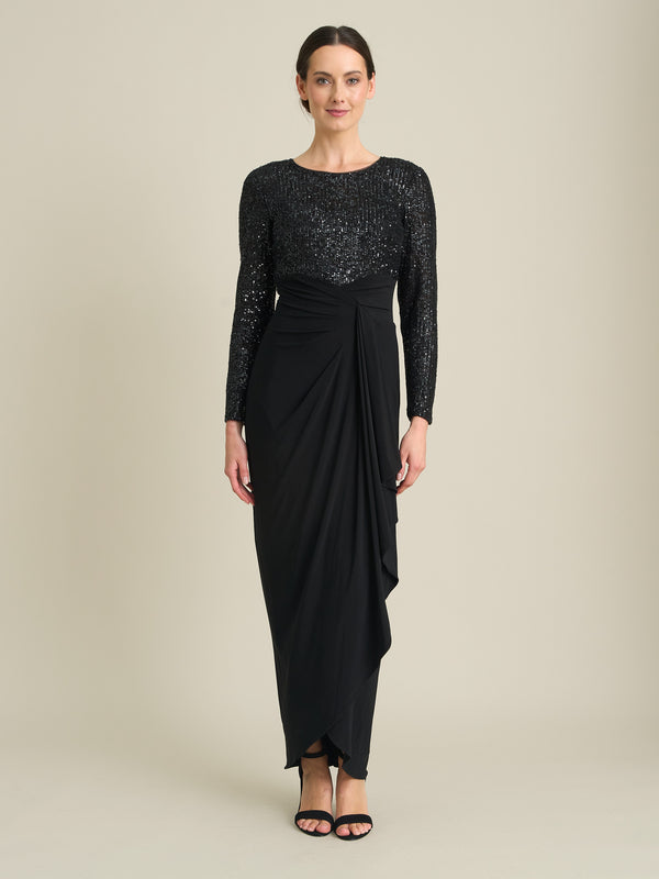 Steffi Sequin Ruched Draped Maxi Dress