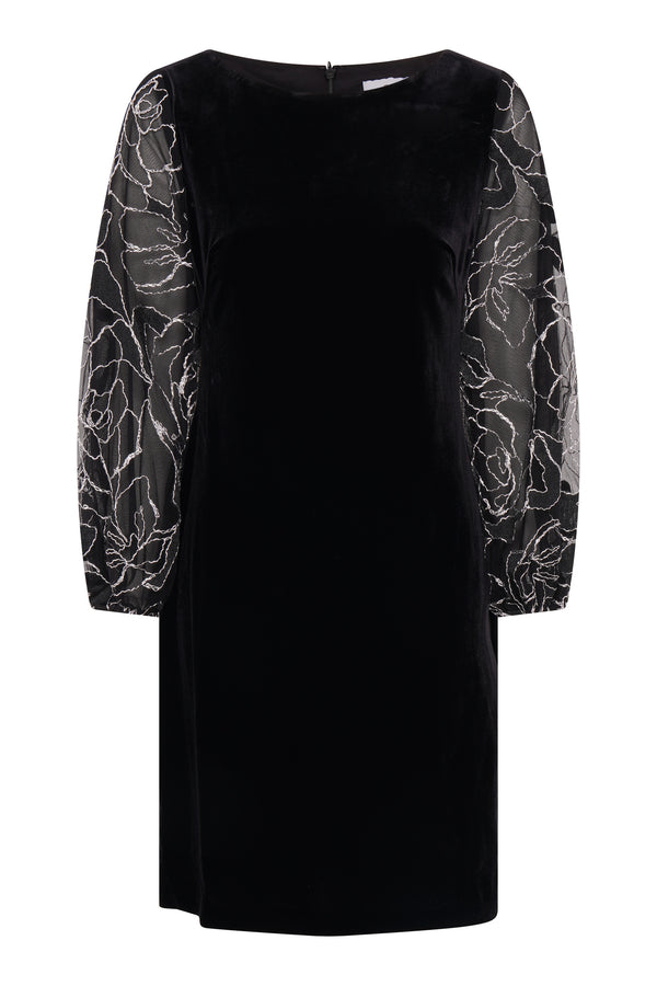 Sky Velvet Dress With Sheer Embroidered Sleeves