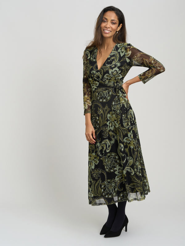 Chestina Print Mesh Wrap Midi Dress