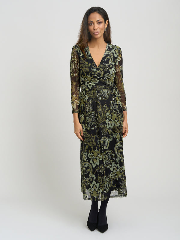 Chestina Print Mesh Wrap Midi Dress