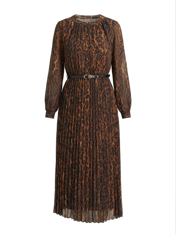 Yasmina Chiffon Belted Jewel Neck Animal Dress