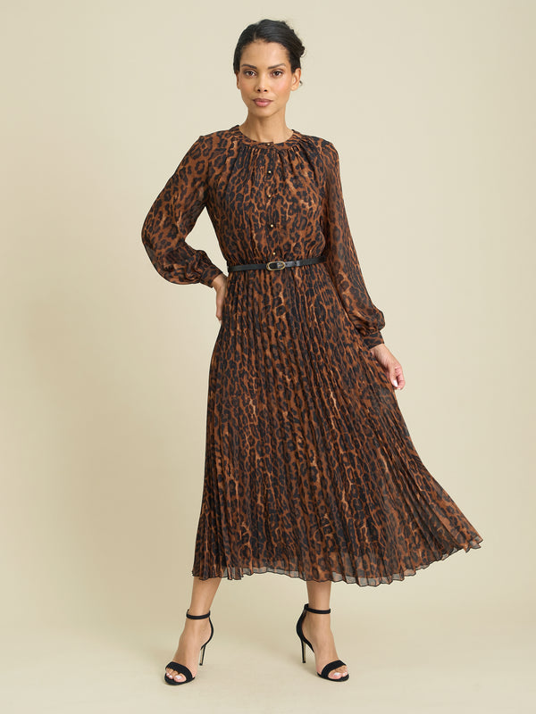 Yasmina Chiffon Belted Jewel Neck Animal Dress