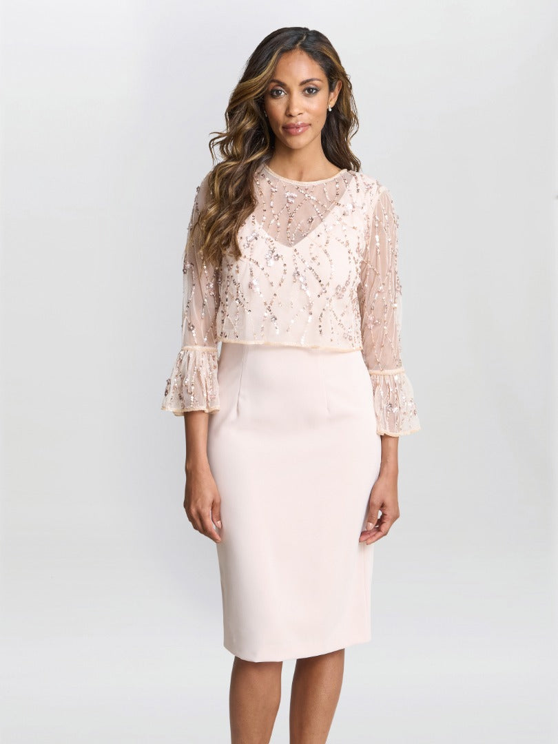 Pippa Beaded Jacket With Fluted 3/4 Sleeve And Crepe Shift Dress Gina Bacconi Pippa Beaded Jacket With Fluted 3/4 Sleeve And Crepe Shift Dress Gina Bacconi