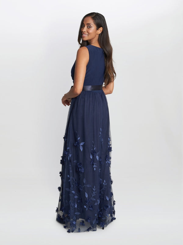 Olyssia Long Sleeveless Dress With Surplice Neckline, 3D Floral Skirt