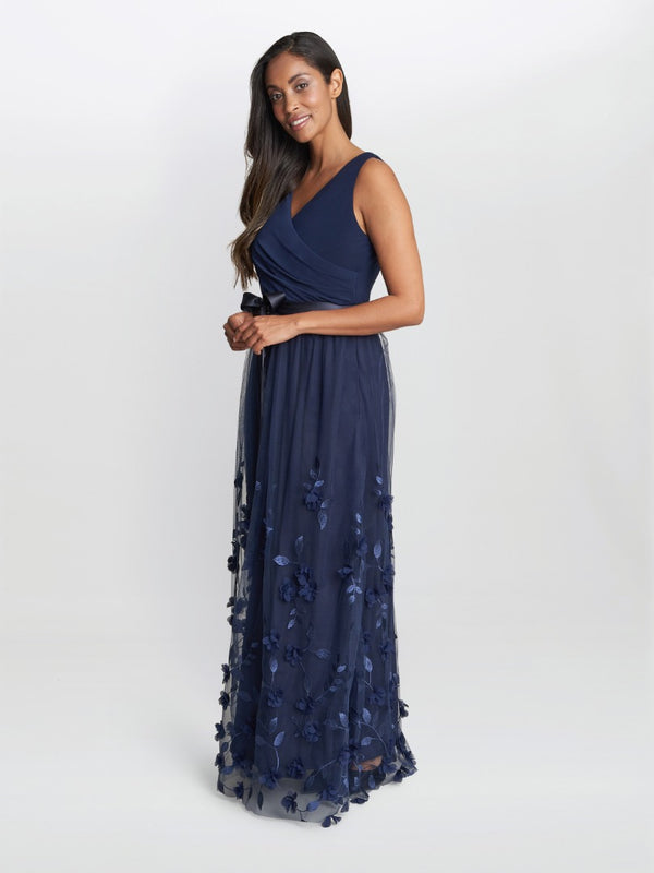 Olyssia Long Sleeveless Dress With Surplice Neckline, 3D Floral Skirt