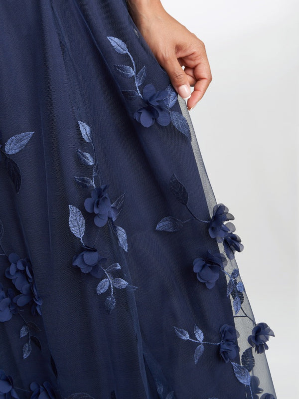 Olyssia Long Sleeveless Dress With Surplice Neckline, 3D Floral Skirt