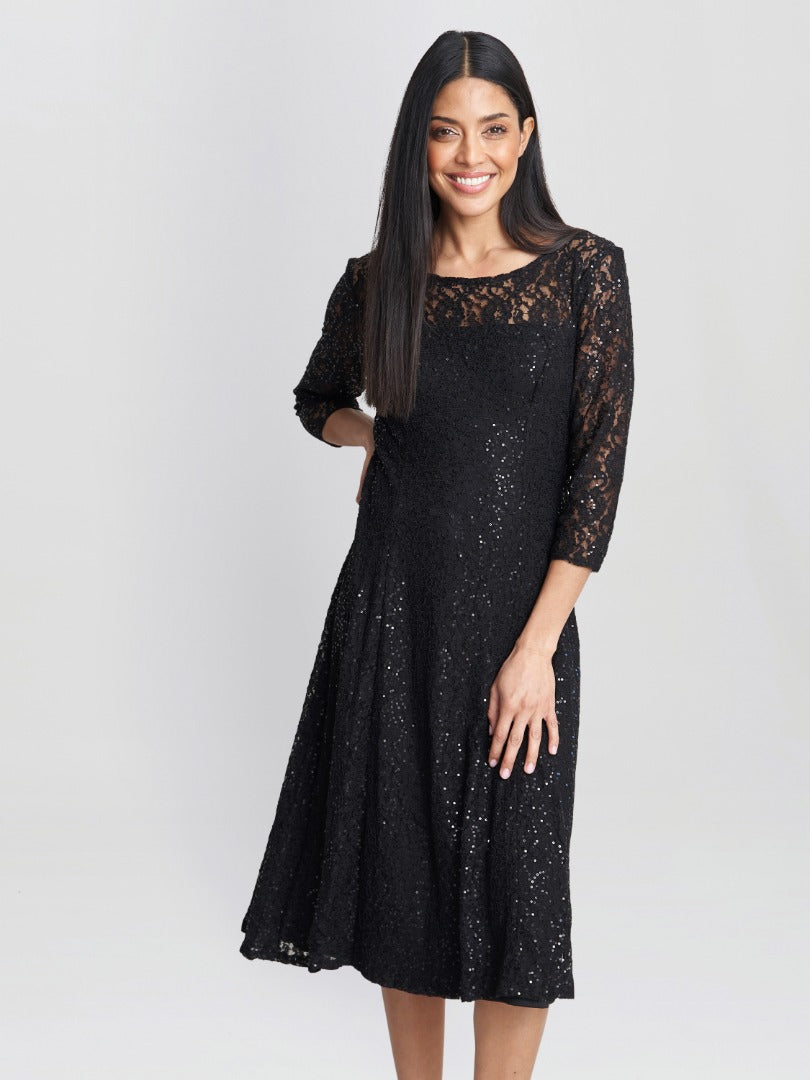 Elianna Midi-Length Sequin Lace 3/4 Sleeve Cocktail Dress Gina Bacconi Elianna Midi-Length Sequin Lace 3/4 Sleeve Cocktail Dress Gina Bacconi
