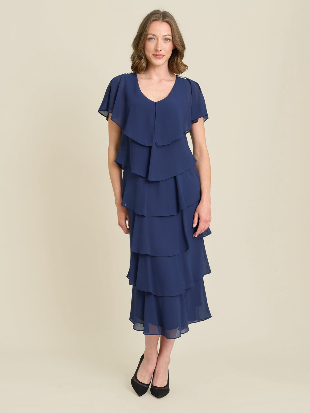 Rebecca Midi Tiered Dress With Shoulder Trim