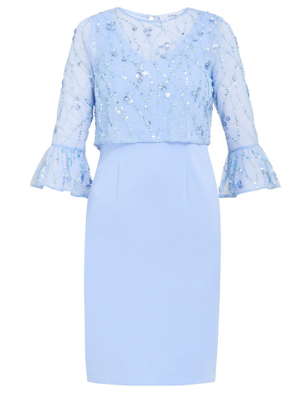 Pippa Beaded Jacket With Fluted 3/4 Sleeve And Crepe Shift Dress