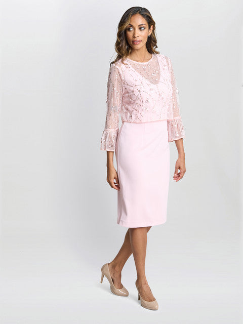 Pippa Beaded Jacket With Fluted 3/4 Sleeve And Crepe Shift Dress Gina Bacconi Pippa Beaded Jacket With Fluted 3/4 Sleeve And Crepe Shift Dress Gina Bacconi