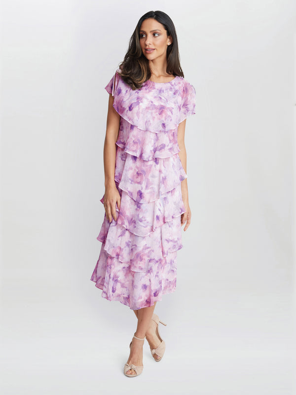 Phoebe Midi Printed Tiered Dress With Shoulder Embellishment