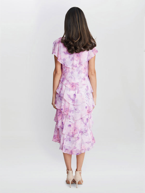 Phoebe Midi Printed Tiered Dress With Shoulder Embellishment