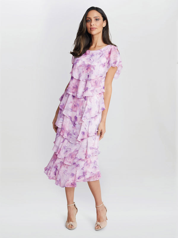 Phoebe Midi Printed Tiered Dress With Shoulder Embellishment