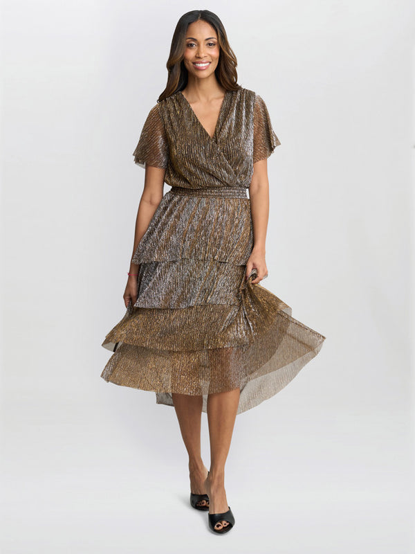 Cheri Metallic Knit Tiered Dress