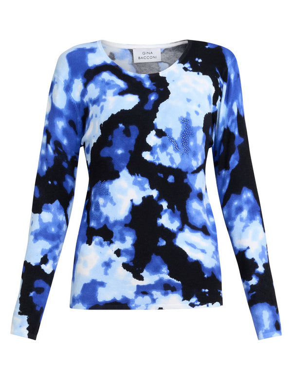 Malinda Abstract Blue Tye Dye Print Jumper With Diamantes