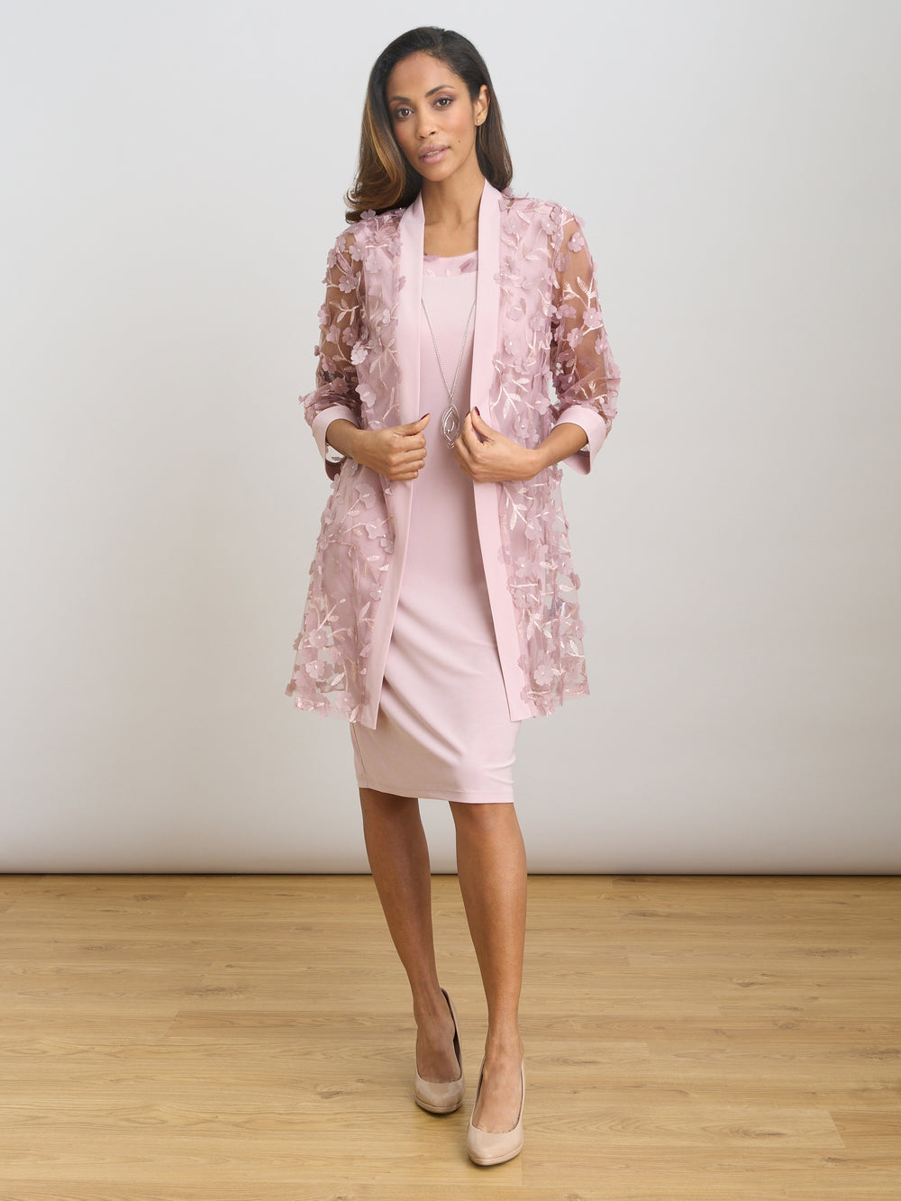 Destiny Floral Applique Dress And Jacket With Detachable Necklace