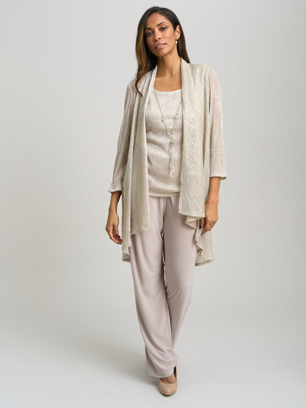 Natasha Three Piece Metallic Crinkle Trouser Suit