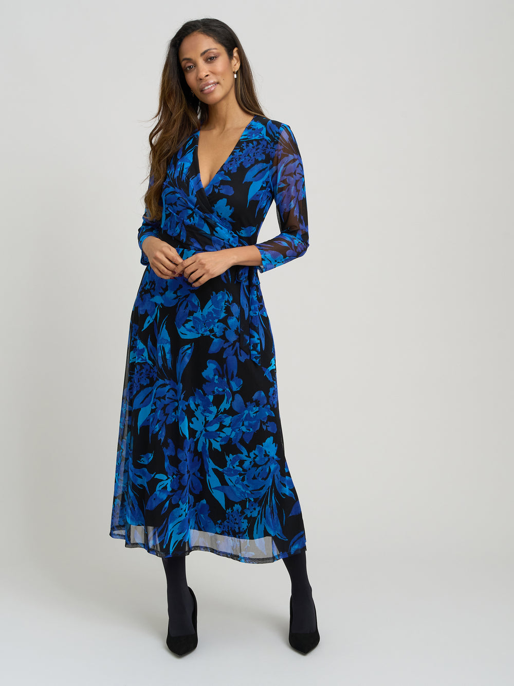 Indie Floral Mesh Wrap Midi Dress