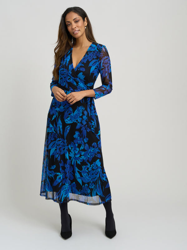 Indie Floral Mesh Wrap Midi Dress