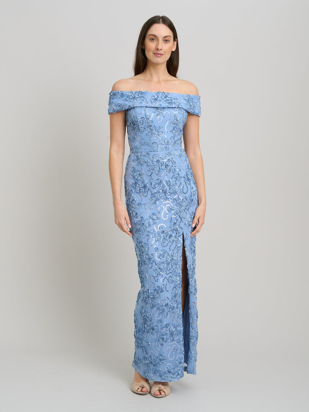 knee length dresses for ladies Janette Embroidered Sequin Off-Shoulder Maxi Dress – Gina Bacconi