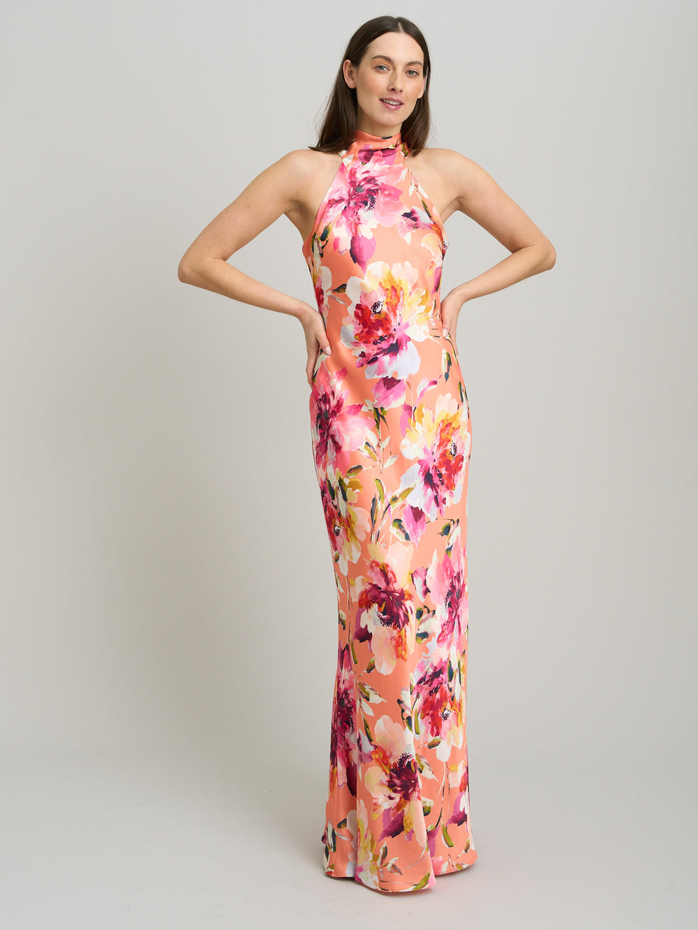 Margo Satin Floral Print Tie Neck Dress Gina Bacconi Margo Satin Floral Print Tie Neck Dress Gina Bacconi