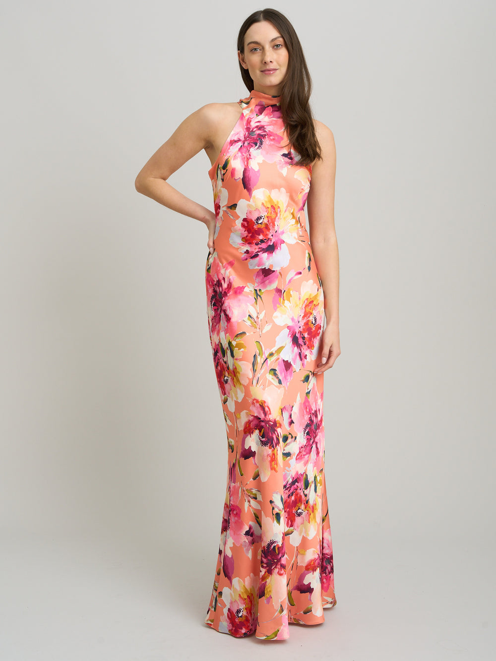 satin floral maxi dress Margo Satin Floral Print Tie Neck Dress – Gina Bacconi