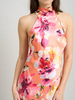 Margo Satin Floral Print Tie Neck Dress