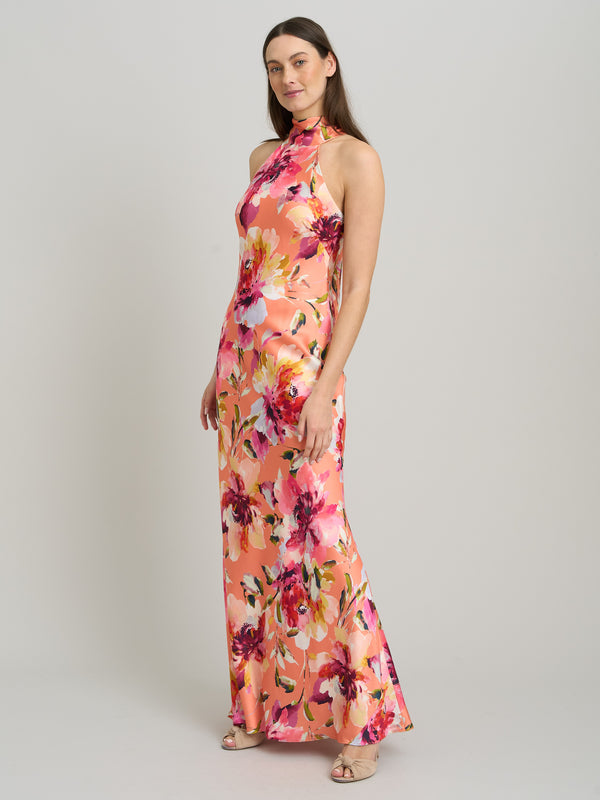 Margo Satin Floral Print Tie Neck Dress