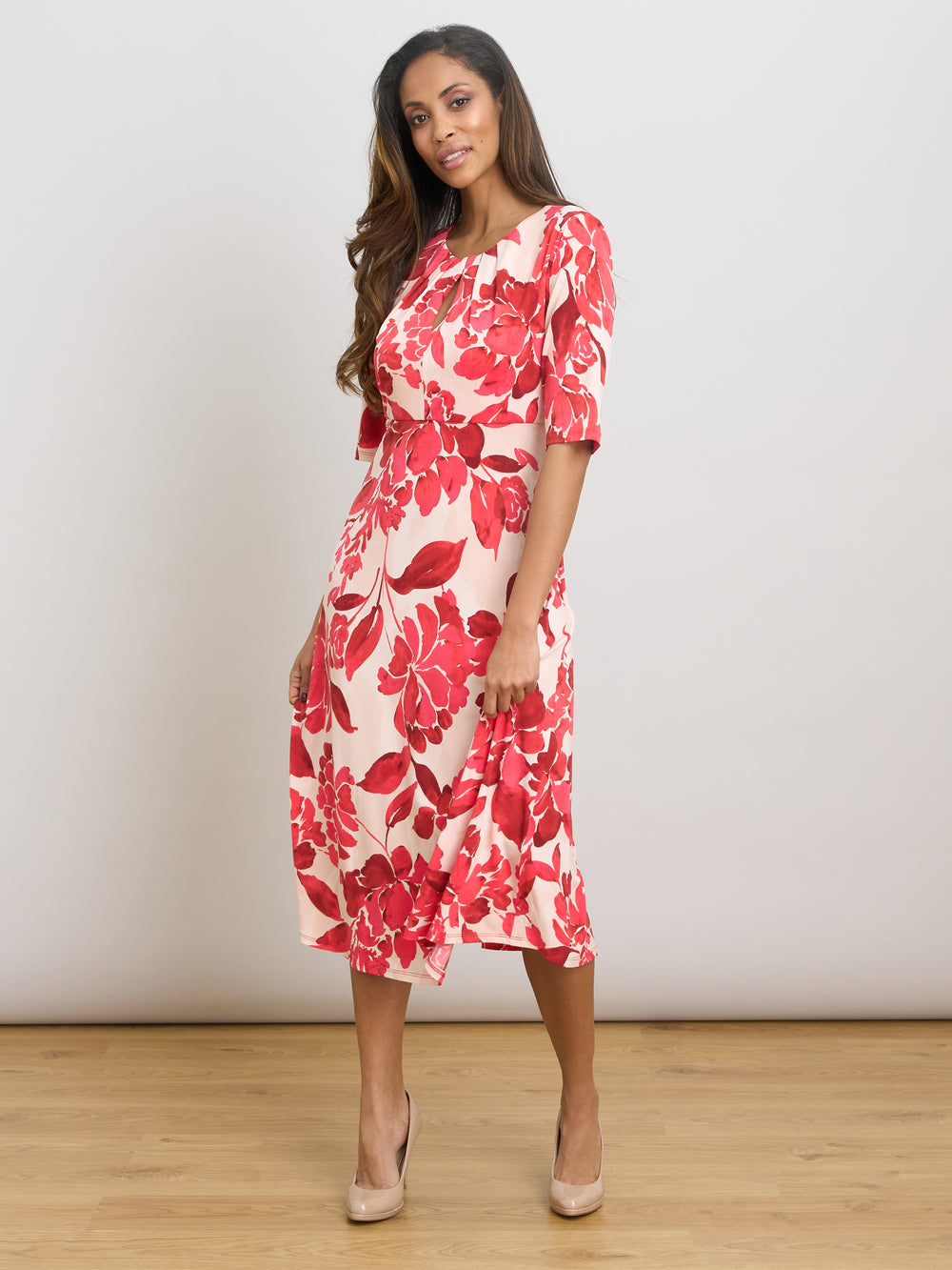 Maybelle Short Sleeve Keyhole Print Midi Dress