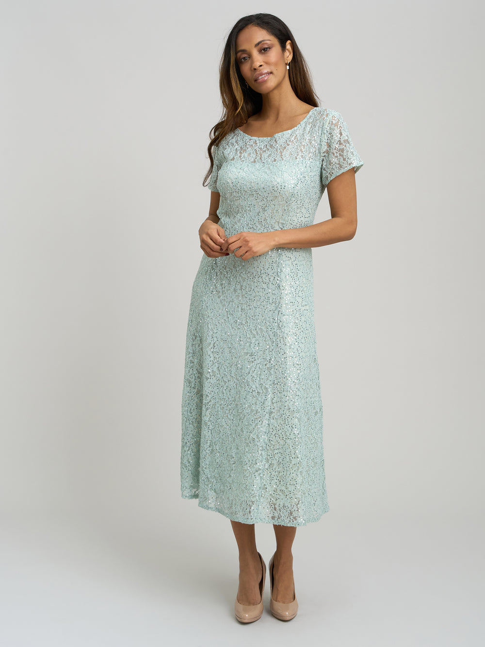 Genny Cap Sleeve Midi Length Sequin Lace Dress