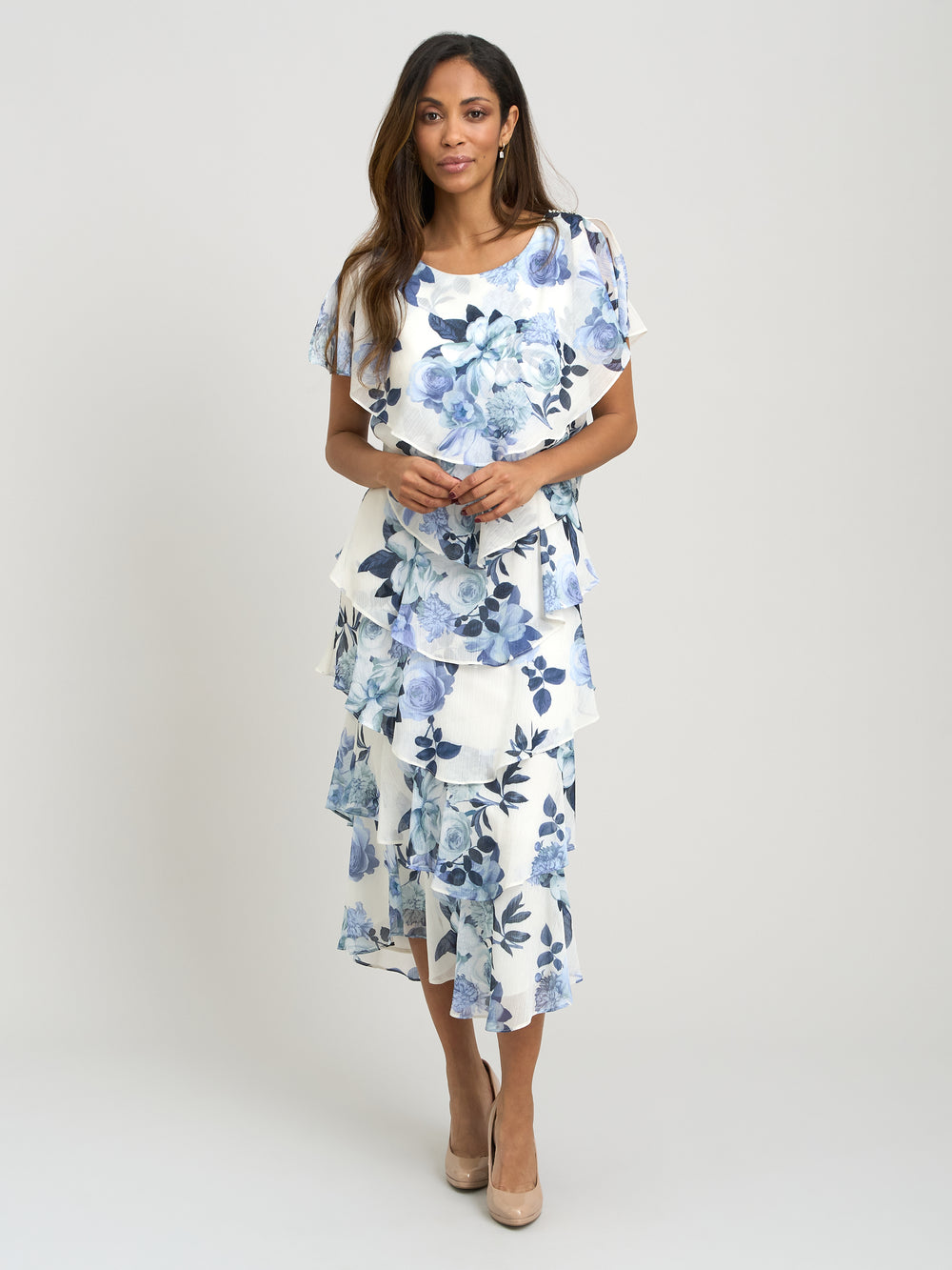 Morgan Midi Printed Tiered Chiffon Dress Blue