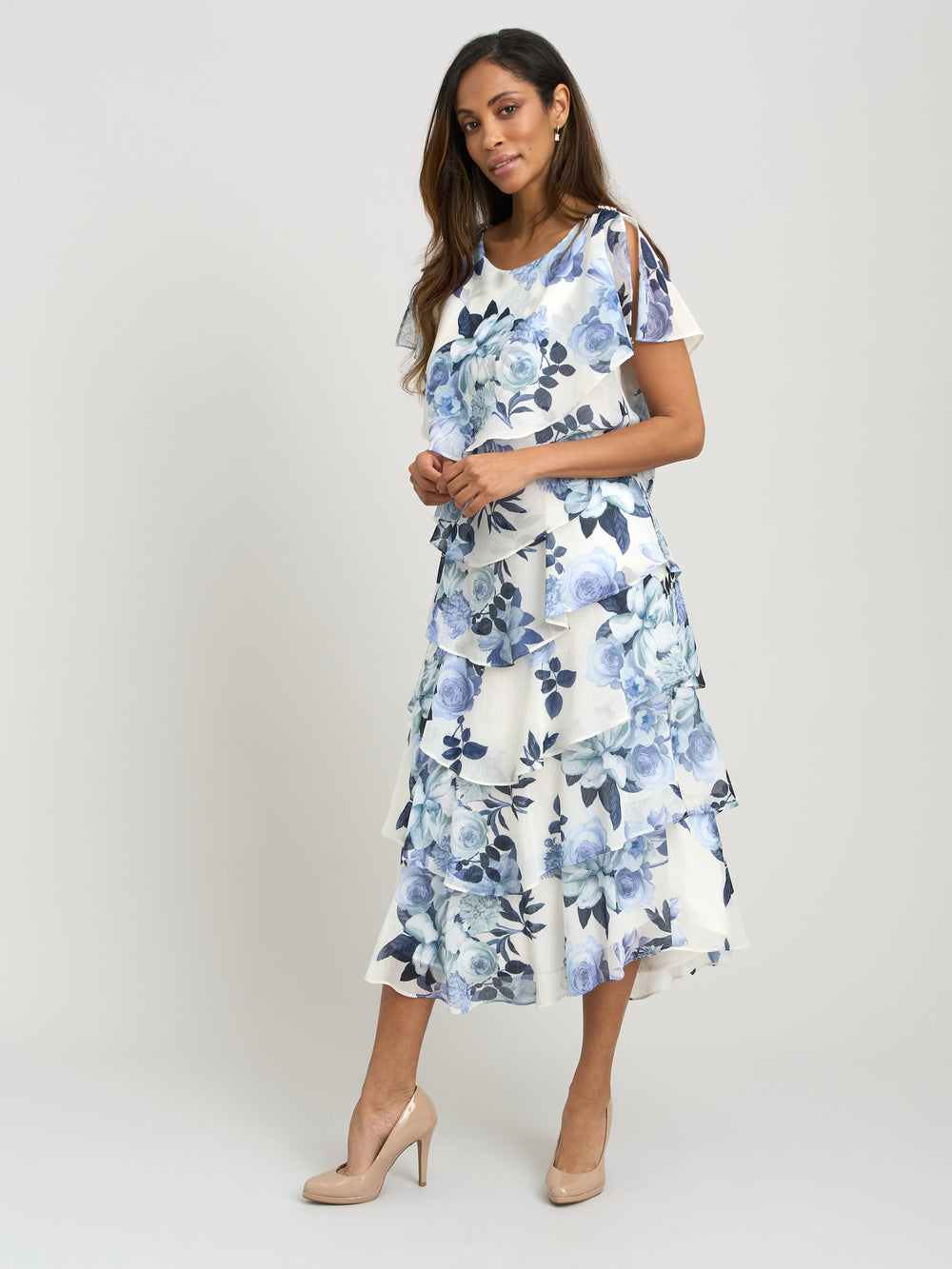 Morgan Midi Printed Tiered Chiffon Dress Blue